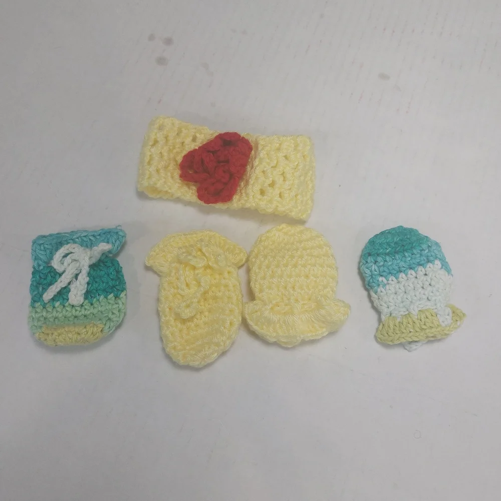 Baby Girl Mitten and Headband. Yellow Red and Blue